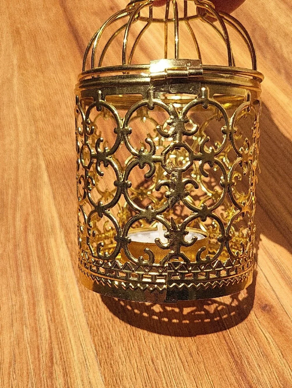 Gold Ornate Filigree Candle Lantern with Hanging Ring
